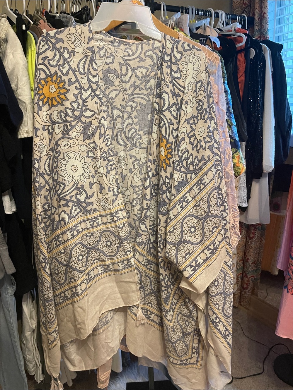 Bohemian Floral Patterned Kimono in Cream and Gray with Mustard Accents